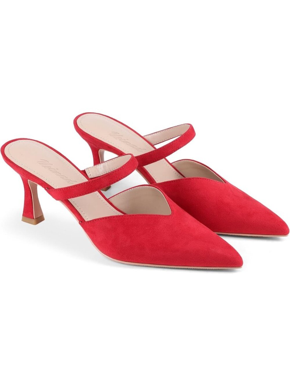 Women's Red-Suede High Heel Mules Pointy Toe Pumps Memory Foam Insole Heels